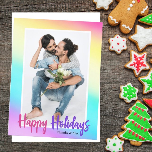 Rainbow Gay Pride Couple Photo Cute Modern Holiday Card (Creator Uploaded)