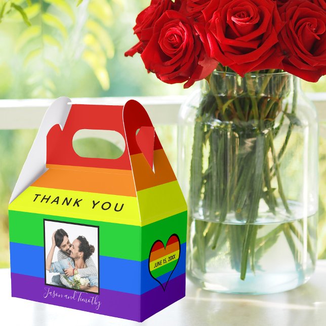 Rainbow Gay Pride Couple Photo Striped Wedding Favor Boxes (Creator Uploaded)