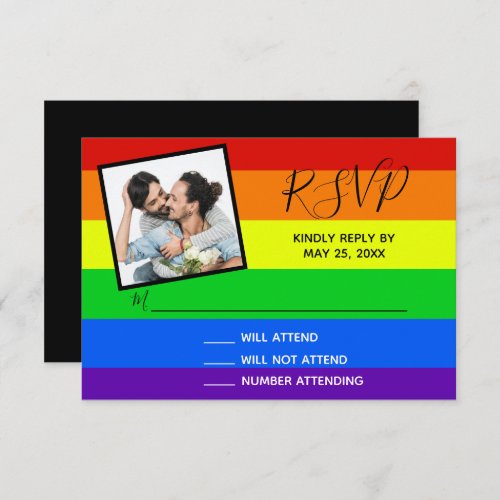 Rainbow Gay Pride Couple Photo Striped Wedding RSVP Card