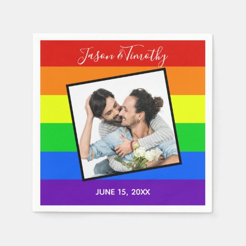 Rainbow Gay Pride Custom Couple Photo Bold Wedding Napkins