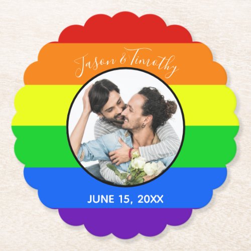 Rainbow Gay Pride Custom Couple Photo Bold Wedding Paper Coaster