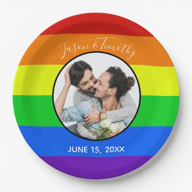 Rainbow Gay Pride Custom Couple Photo Bold Wedding Paper Plates (Front)