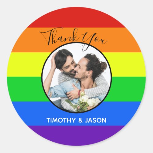Rainbow Gay Pride Custom Photo Thank You Wedding Classic Round Sticker