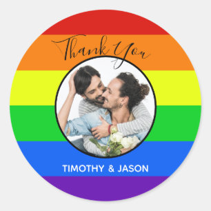 Rainbow Gay Pride Custom Photo Thank You Wedding Classic Round Sticker