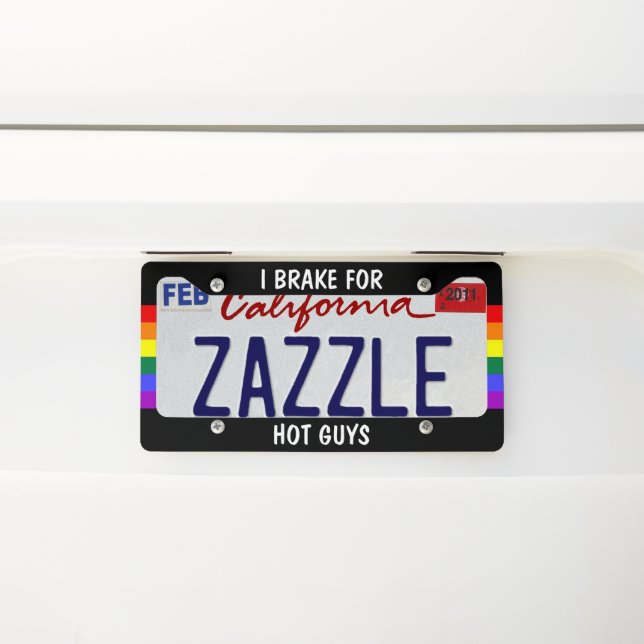 Rainbow Gay Pride I Brake For Hot Guys License Plate Frame (On Car)