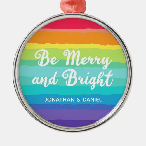 Rainbow Gay Pride Merry  Bright Custom Christmas Metal Ornament