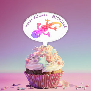 Rainbow Gecko Lizard Happy Birthday Name Cake Topper