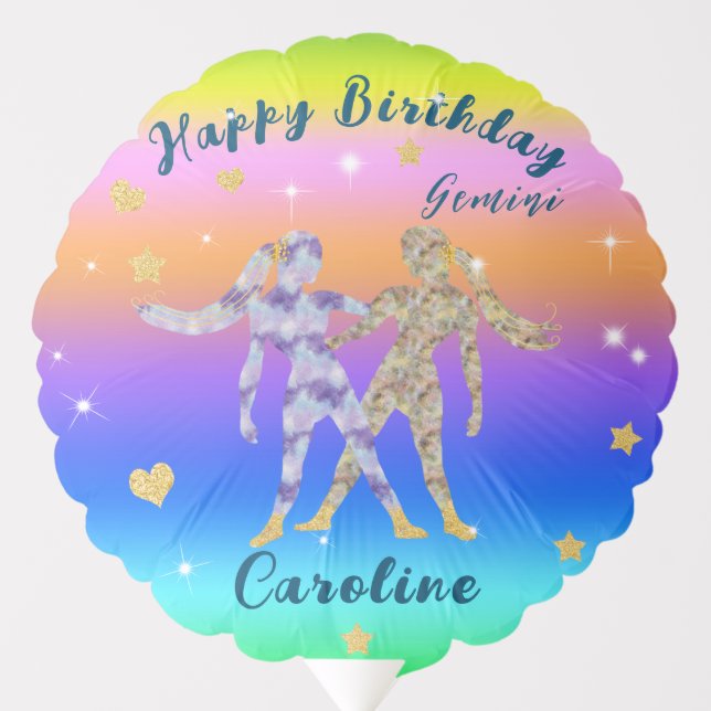 Rainbow Gemini Gold Stars & Hearts Birthday Balloon (Front)