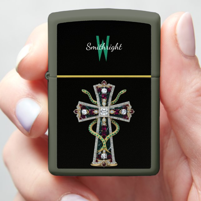 Rainbow Gemstone Cross Brooch Zippo Lighter (In Hand)