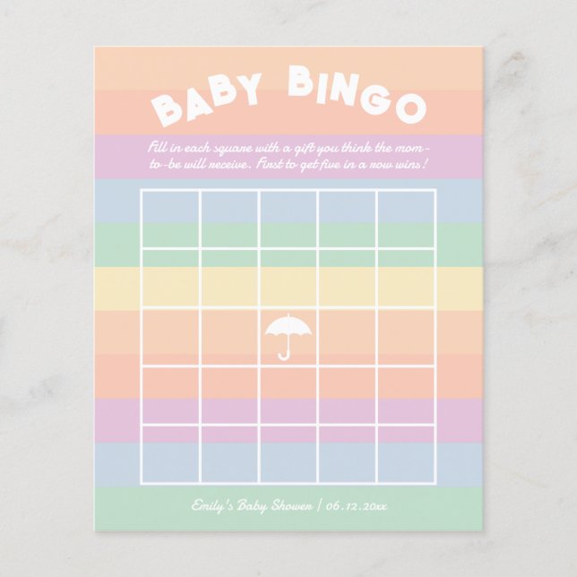 Rainbow Gender Neutral Baby Shower Bingo Game (Front)