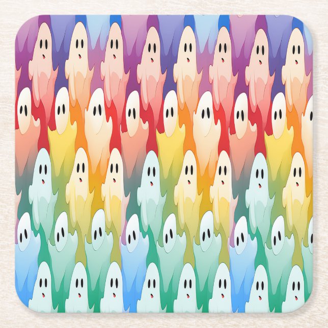 Rainbow Ghosts Square Paper Coaster (Front)