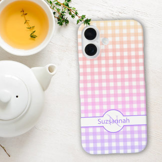 Rainbow Gingham Check Monogrammed Custom iPhone 16 Case