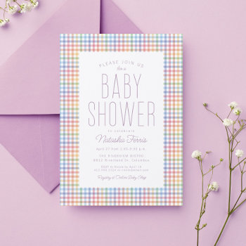 Rainbow Gingham Plaid Cute Pastel Baby Shower Invitation by LeaDelaverisDesign at Zazzle