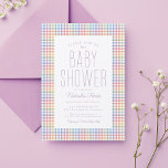 Rainbow gingham plaid cute pastel baby shower invitation<br><div class="desc">Celebrate a baby on the way with this sweet pastel rainbow plaid baby shower invitation. The colorful gingham inspired frame sets the tone for a fun celebration. The simple and sweet purple text can be customized with all your baby shower details. Coordinating party supplies also available. Also available as a...</div>