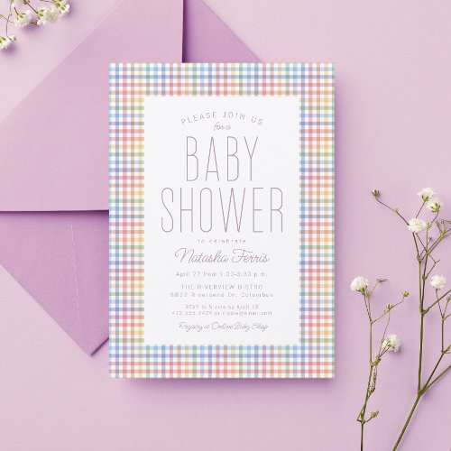 Rainbow gingham plaid cute pastel baby shower invitation