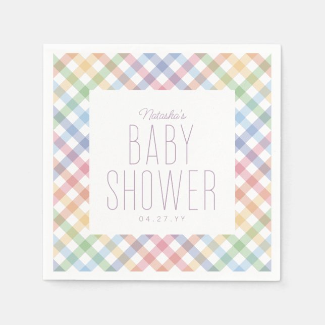 Rainbow gingham plaid cute pastel baby shower napkins (Front)