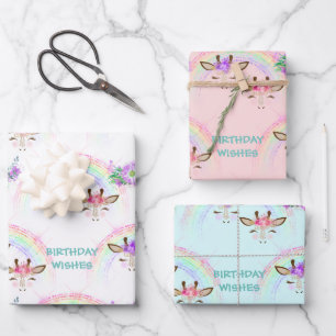 Rainbow Giraffe Faces Birthday Wrapping Paper Sheets