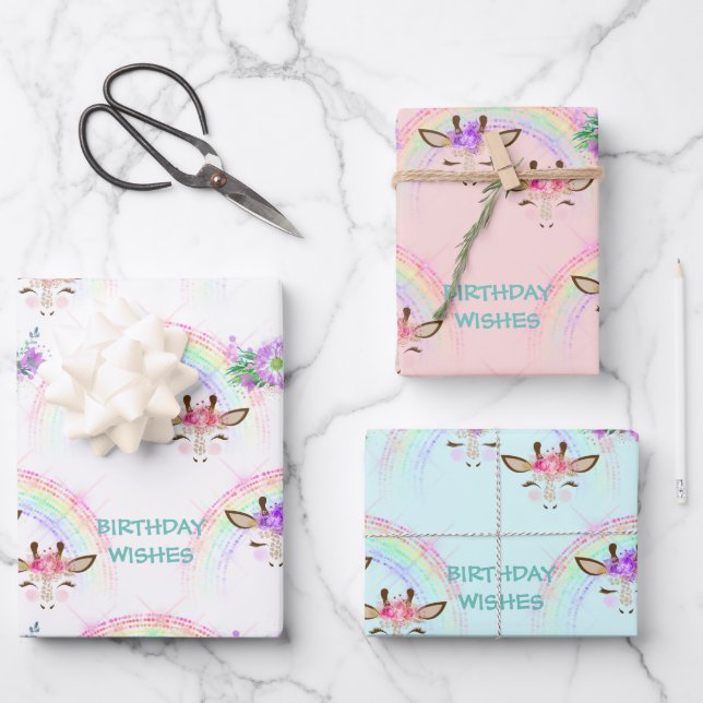 Rainbow Giraffe Faces Birthday Wrapping Paper Sheets (Front)