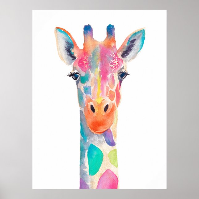 Rainbow Giraffe Watercolor Portrait Poster (Front)