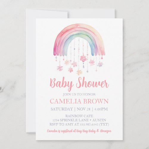 Rainbow Girl Baby Shower Pastel Watercolor Invitation
