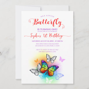 Rainbow Girl Butterfly 1st Birthday Invitation