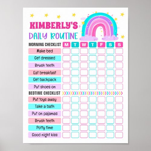 Rainbow Girl Daily Routine Kid Everyday Checklist Poster