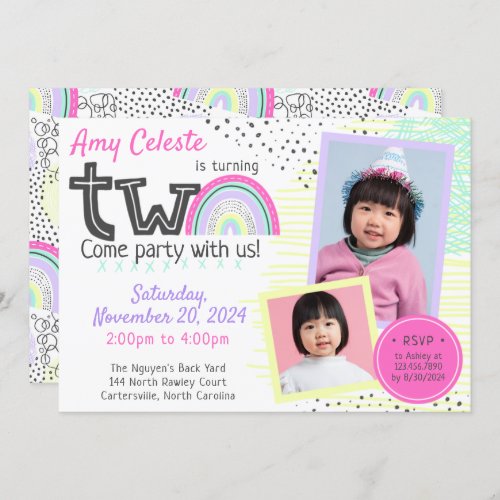 Rainbow Girls 2nd Birthday Kawaii Doodles 2_Photo Invitation