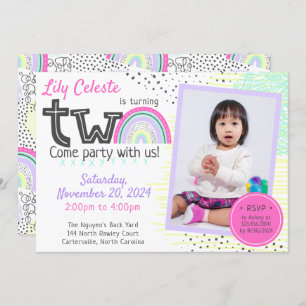 Rainbow Girl's 2nd Birthday Kawaii Doodles Photo Invitation