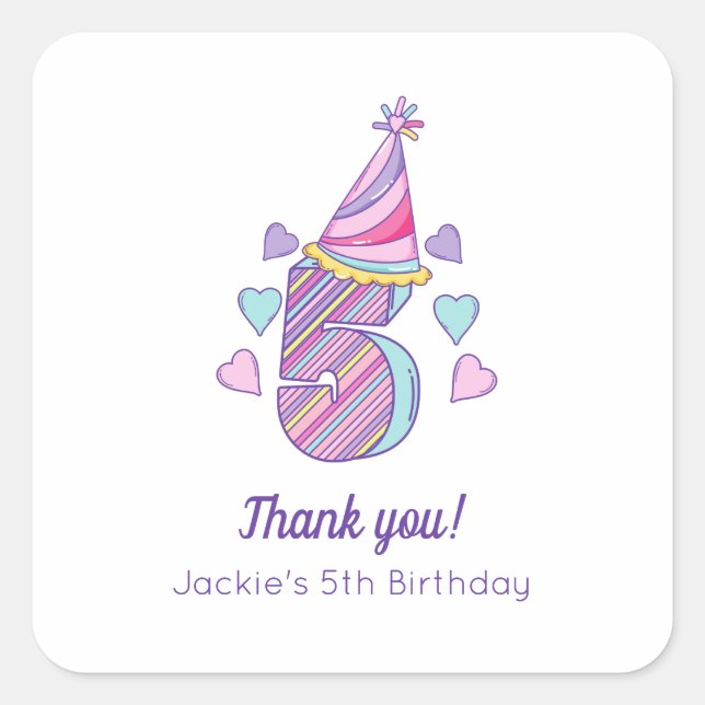 Rainbow Girls 5th Birthday Party Favor Sticker (Front)
