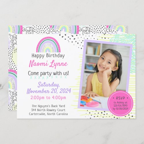 Rainbow Girls 90s Birthday Kawaii Doodles Photo Invitation