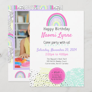 Rainbow Girl's 90's Birthday Kawaii Doodles Photo Invitation