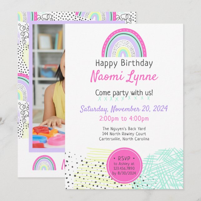 Rainbow Girl's 90's Birthday Kawaii Doodles Photo Invitation (Front/Back)