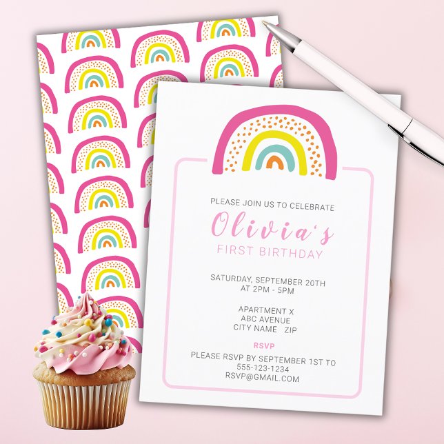 Rainbow Girls First Birthday Party Invitation (Colorful Rainbow Girls Birthday party invitation with rainbow pattern to reverse. )