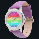 Rainbow Girls Personalized Name Cute Template Watch<br><div class="desc">Rainbow Colors Gradient Stripe Girls Personalized Watch. Personalize the stylish cursive typography with a name, monogram, or other text. With its pretty and girly inspirational color background, this colorful retro rainbow design makes a cute gift idea for a girl - for a rainbows and unicorns birthday party, wedding flower girl...</div>
