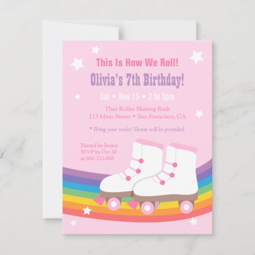 Rainbow Girls Skating Birthday Party Invitations