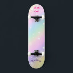 Rainbow  Girly Custom Personalized Name Skateboard<br><div class="desc">Rainbow skateboard with personalized Name and caption Rainbow Personalized Skateboard CLICK on PERSONALIZE TEMPLATE OPTION AND ENTER the NAME. you can also custom other caption. Cool skateboard designed with vivid colors and for the background and a funky unicorn riding a skateboard. This Skateboard makes a great gift idea for a...</div>