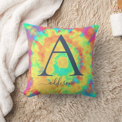 Rainbow Girly Tie_Dye Monogram Name Throw Pillow