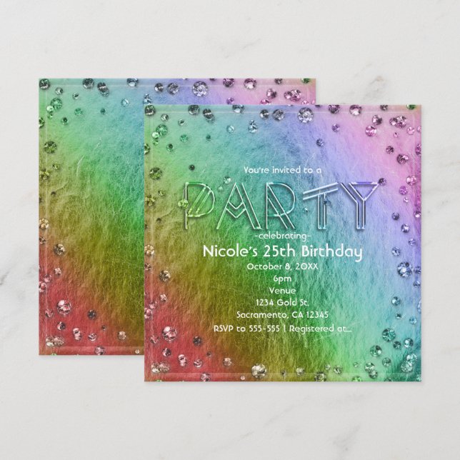 Rainbow Glam Faux Foil Bling Party Invitations (Front/Back)