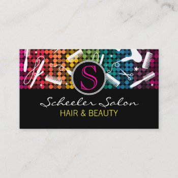 Rainbow Glam Hair Salon Monogram Business Cards by creativetaylor at Zazzle