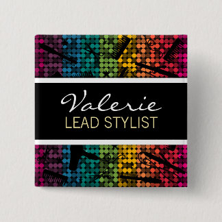Rainbow Glam Hair Salon Name Badge Pinback Button