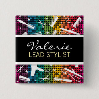 Rainbow Glam Hair Salon Name Badge Pinback Button
