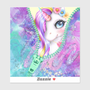 Rainbow Glam White Unicorn Peek-A-Boo Zipper Sticker