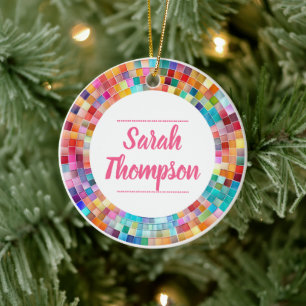 Rainbow Glass Mosaic Circle Frame Name Ceramic Ornament