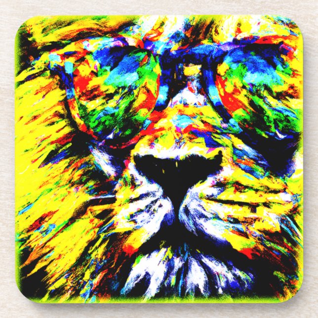 Rainbow Glasses Lion Painting. Buy Now Beverage Coaster (Front)
