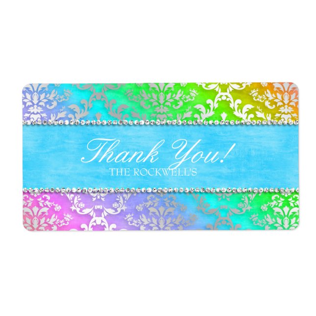 Rainbow Glimmer Damask Wedding Thank You Label (Front)