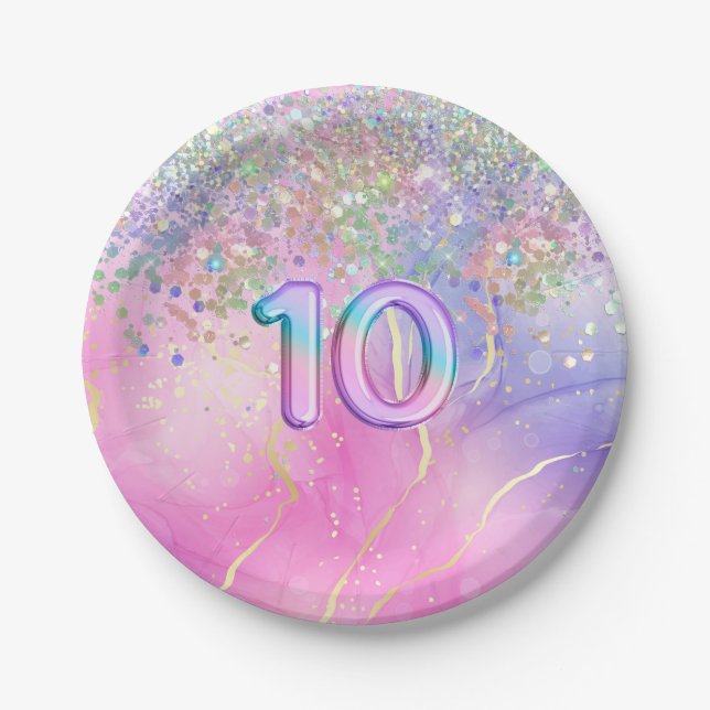 Rainbow Glitter 10th Birthday Party  Paper Plates (Front)