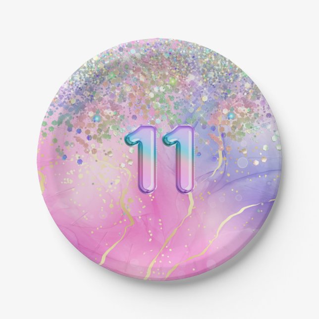 Rainbow Glitter 11th Birthday Party  Paper Plates (Front)