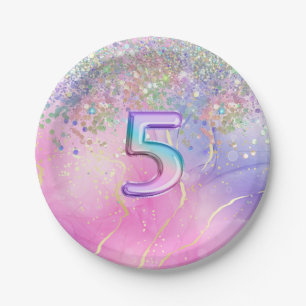 Rainbow Glitter 5th Birthday Party Paper Plates