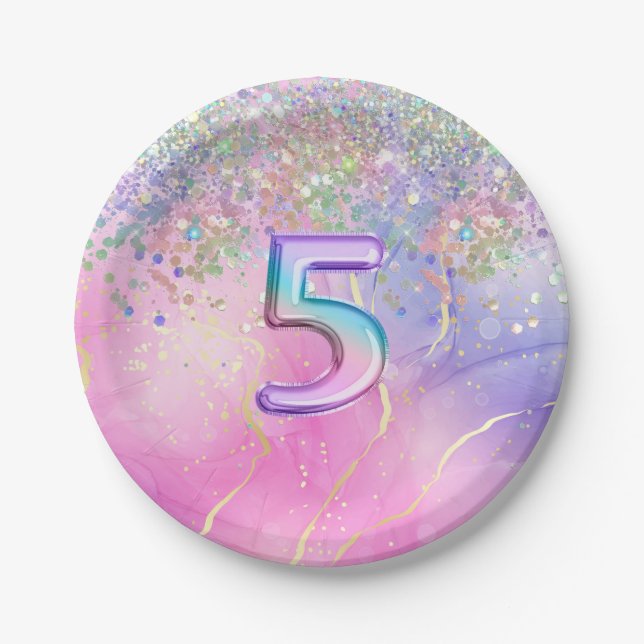 Rainbow Glitter 5th Birthday Party  Paper Plates (Front)