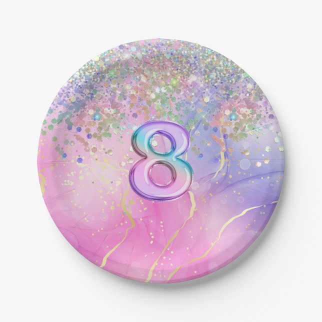 Rainbow Glitter 8th Birthday Party  Paper Plates (Front)